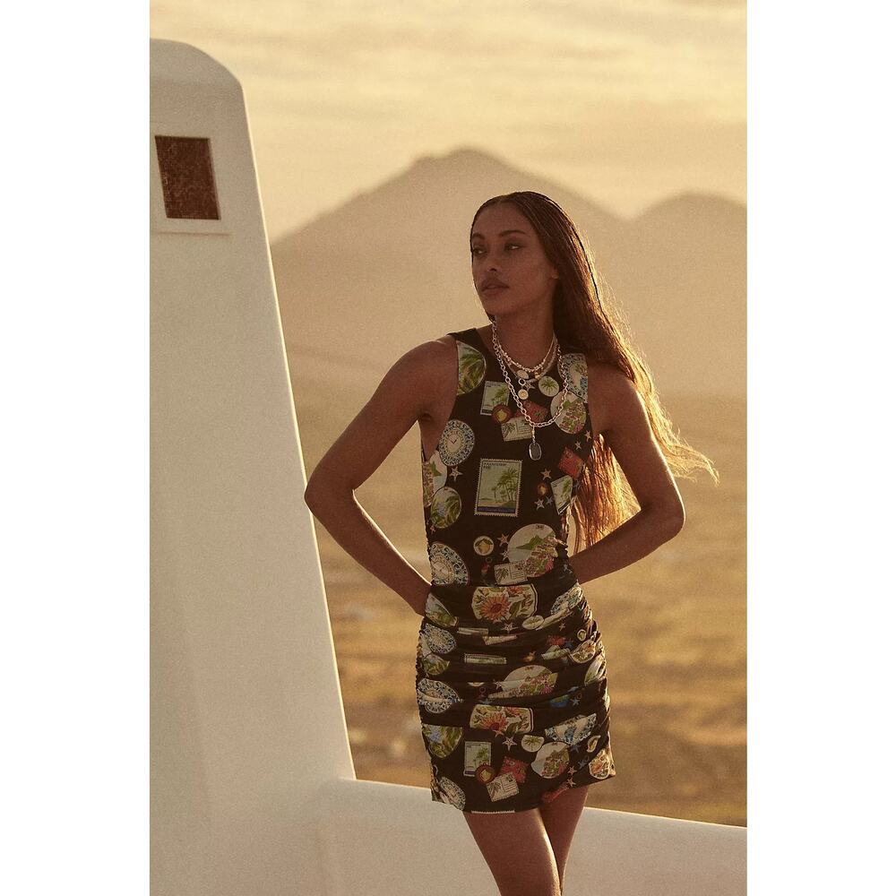 New Anthropologie Farm Rio Trip Souvenir Sleeveless Ruched Tulle Mini Dress Sz L